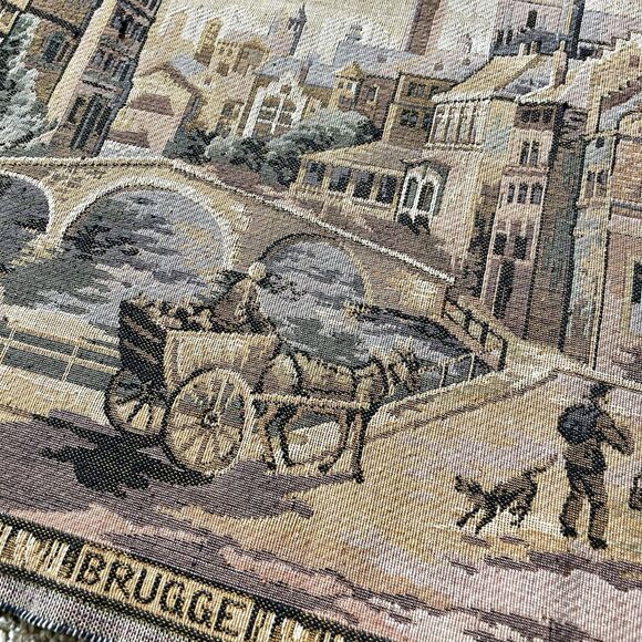 Rare Belgium Tapestry Brussels Bruges Gent Wall Hanging City Scene - Picture 9 of 13